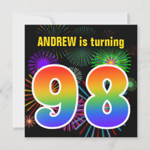 Fun Fireworks + Rainbow Pattern "98" Birthday # Invitation