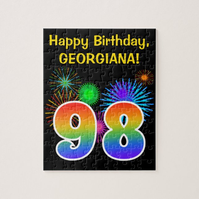Fun Fireworks + Rainbow Pattern "98" Birthday # Jigsaw Puzzle (Vertical)