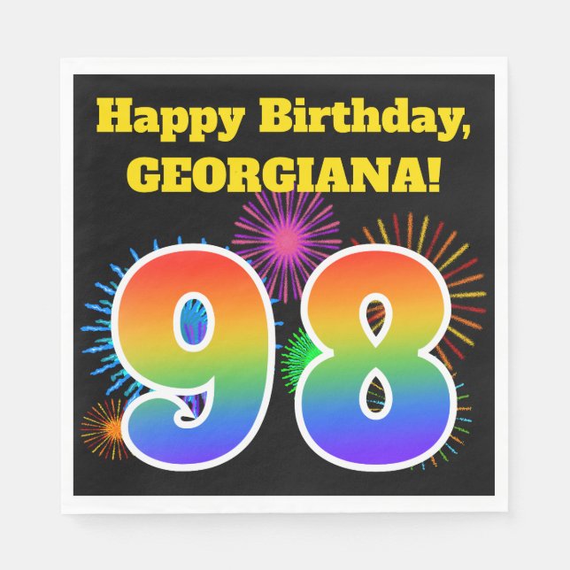 Fun Fireworks + Rainbow Pattern "98" Birthday # Napkin (Front)