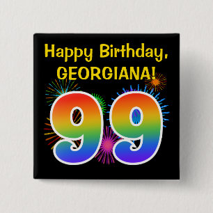 Fun Fireworks + Rainbow Pattern "99" Birthday # 15 Cm Square Badge
