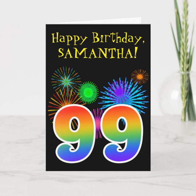 Fun Fireworks + Rainbow Pattern "99" Birthday # Card (Front)