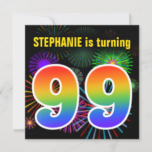 Fun Fireworks + Rainbow Pattern "99" Birthday # Invitation