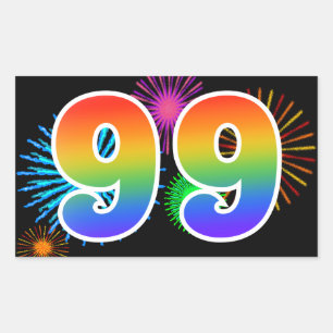 Fun Fireworks + Rainbow Pattern "99" Event Number Rectangular Sticker