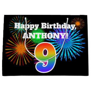Fun Fireworks + Rainbow Pattern "9" Birthday # Large Gift Bag