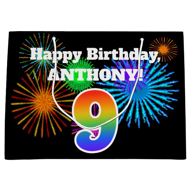 Fun Fireworks + Rainbow Pattern "9" Birthday # Large Gift Bag (Front)