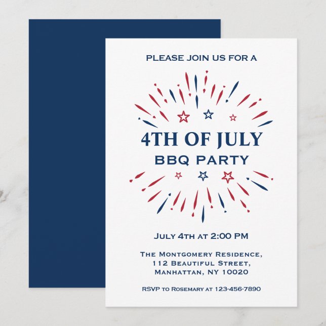 Fun Fireworks Red White Blue 4th Of July BBQ Party Invitation (Front/Back)