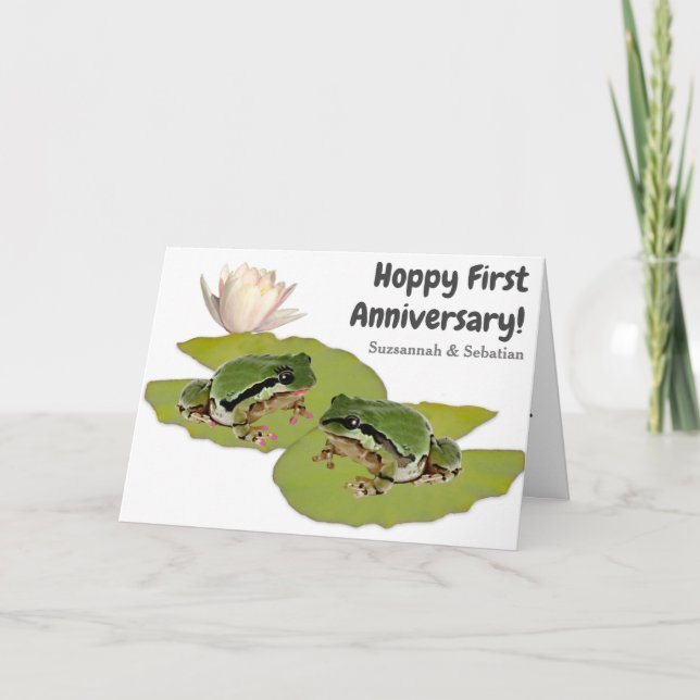 Fun First Anniversary Frog Couple Photo Lily Pads Card (Front)