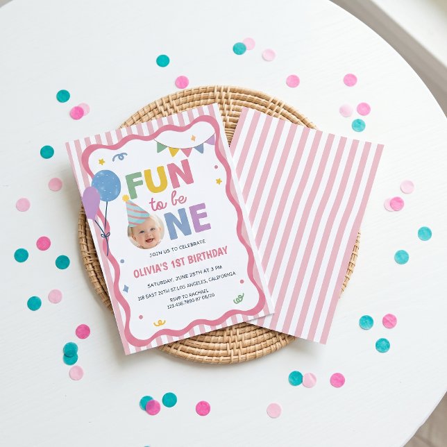 Fun First Birthday Pink Stripes Birthday Invite (Creator Uploaded)