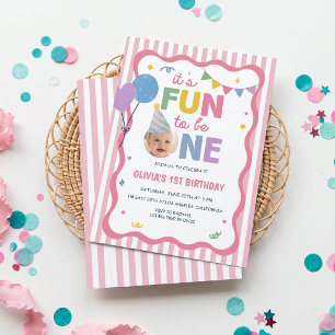 Fun First Birthday Pink Stripes Birthday Invite