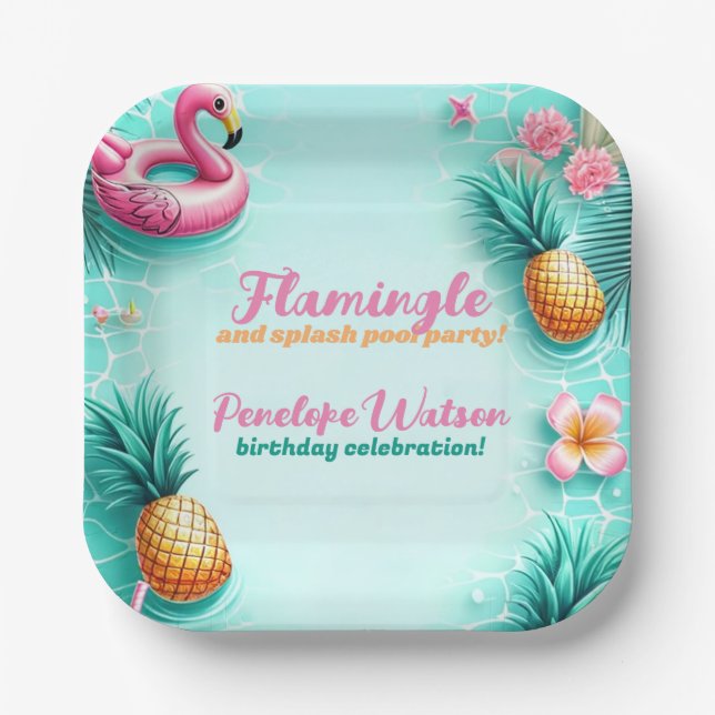 Fun Flamingo and Pineapple Summer Pool Party Paper Plate (Front)