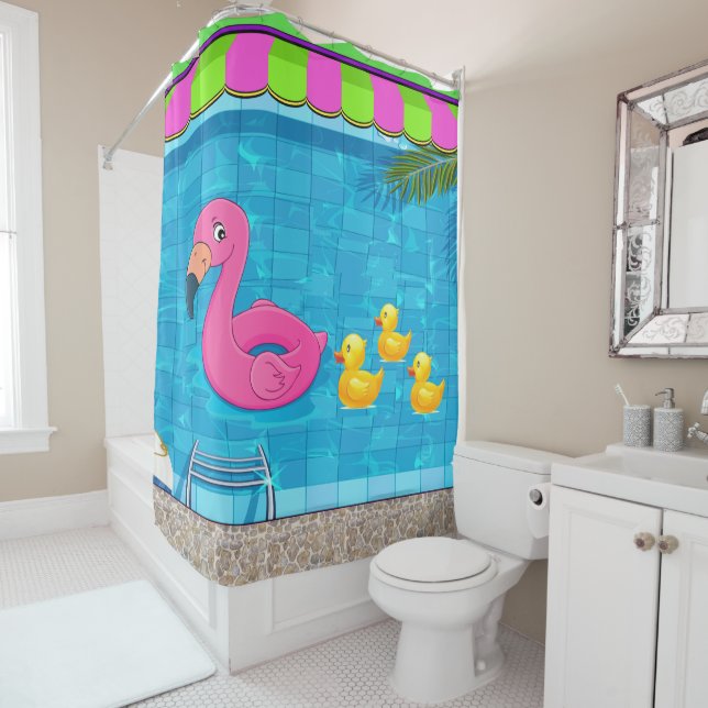 Fun Flamingo in Pool Shower Curtain (In Situ)