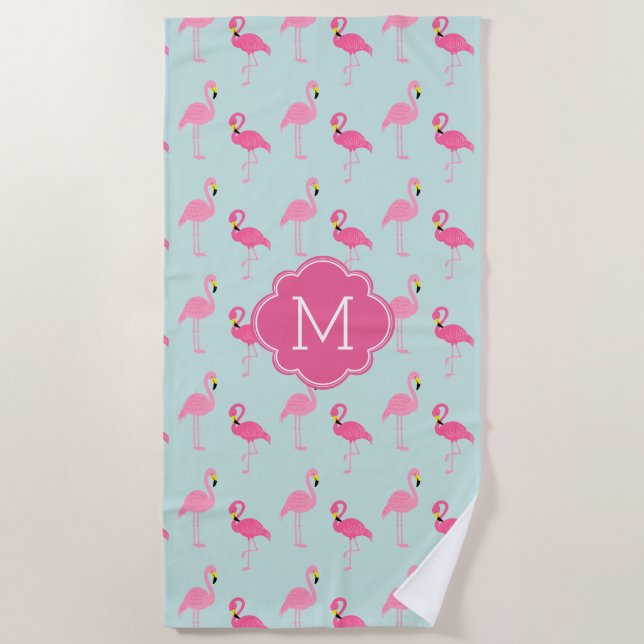 Fun Flamingos Pattern Monogrammed Beach Towel (Front)