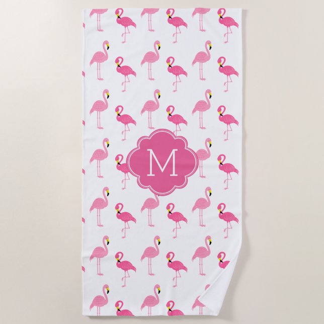 Fun Flamingos Pattern Monogrammed Beach Towel (Front)