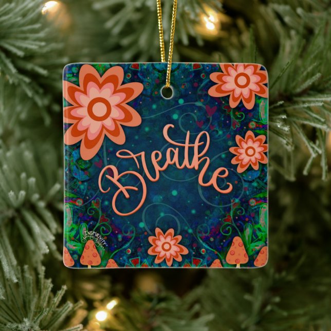 Fun Floral Blue Breathe Encouaging Inspirivity   Ceramic Ornament (Tree)