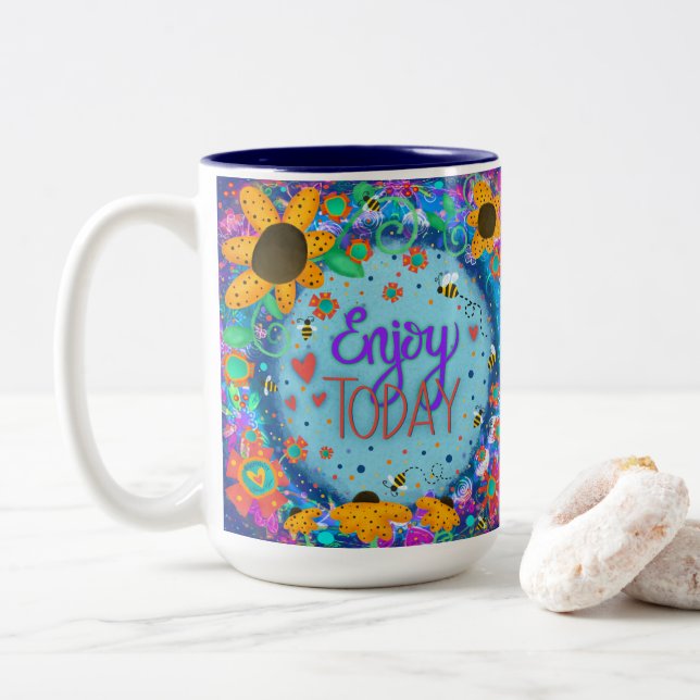 Fun Floral Bumblebee Enjoy Today Inspirivity  Two-Tone Coffee Mug (With Donut)