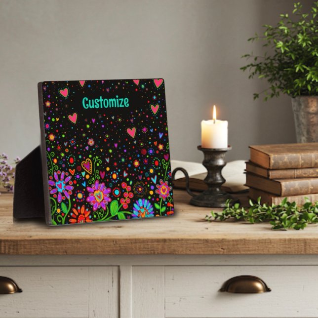 Fun Floral Heart Whimsical Personalised Black Plaque (Creator Uploaded)