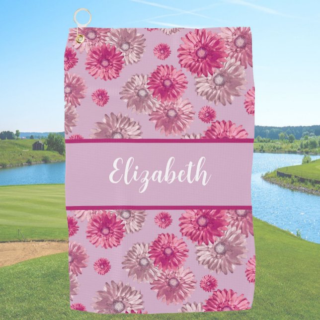Fun floral pink personalised name gift for golfer golf towel (Creator Uploaded)