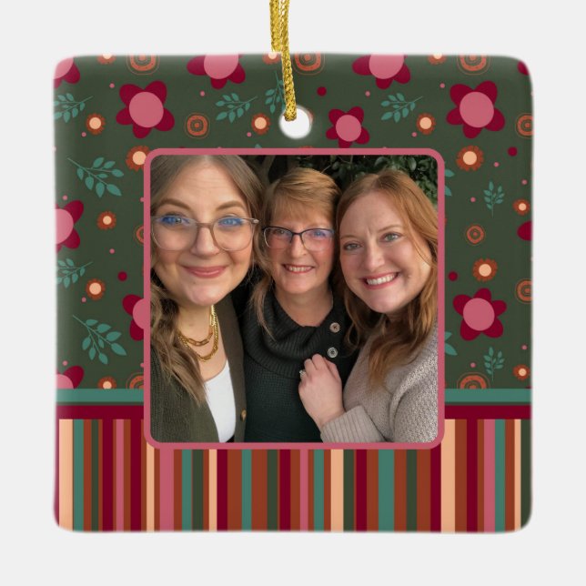 Fun Floral Stripe Custom Photo Two Sided Ceramic Ornament (Front)