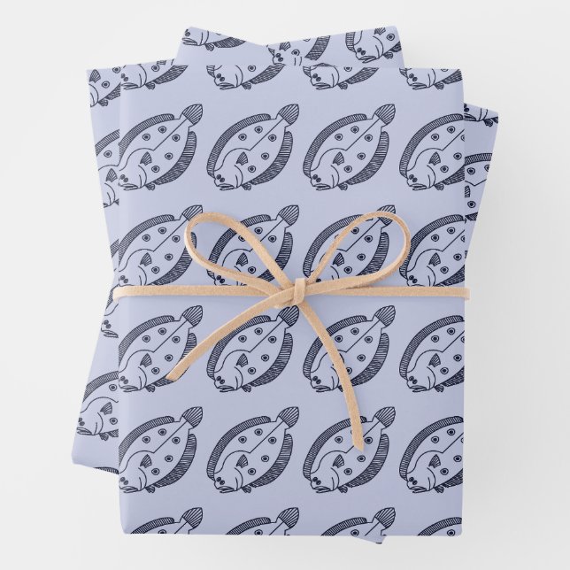 Fun Flounder Fish in Deepest Blue on Light Purple Wrapping Paper Sheet (In situ)