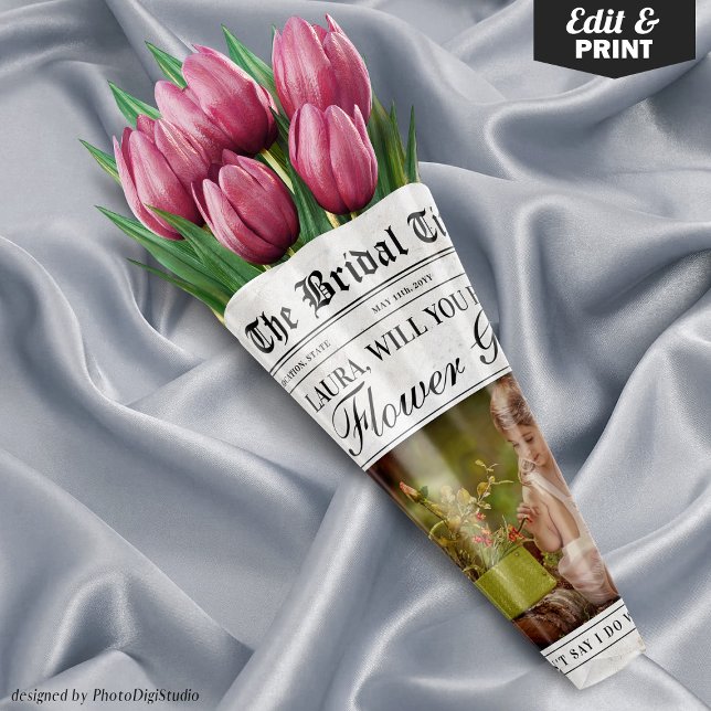Fun Flower Girl Proposal Newspaper Flower Bouquet Wrapping Paper Sheet (Editable Fun Flower Girl Proposal Newspaper Flower Bouquet Wrapping Paper Sheets)