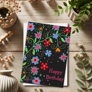 Fun Flowers and Hearts Black Happy Birthday Card