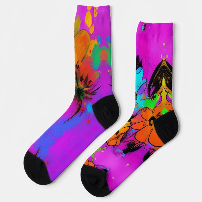 Fun flowers colourful abstract orange fuchsia kitt socks (Left)