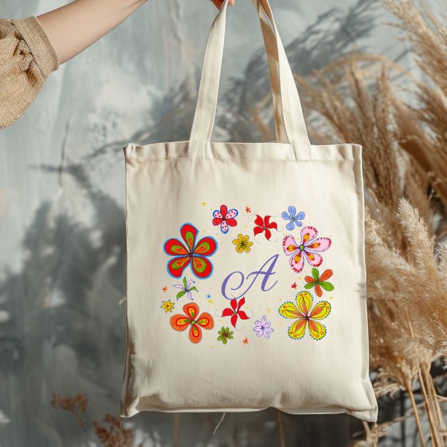 Fun Flowers Illustrated Monogram Initial Tote Bag (Creator Uploaded)