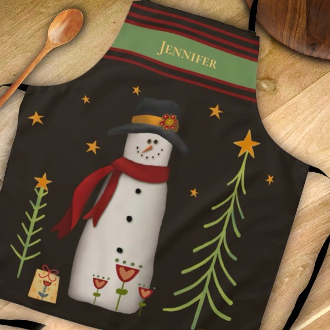 Fun Folk Snowman Whimsical Christmas Inspirivity Apron (Creator Uploaded)