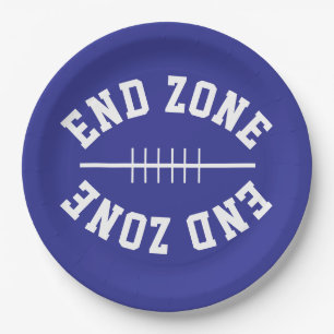 Fun Football Shape END ZONE Text On Deep Blue Paper Plate