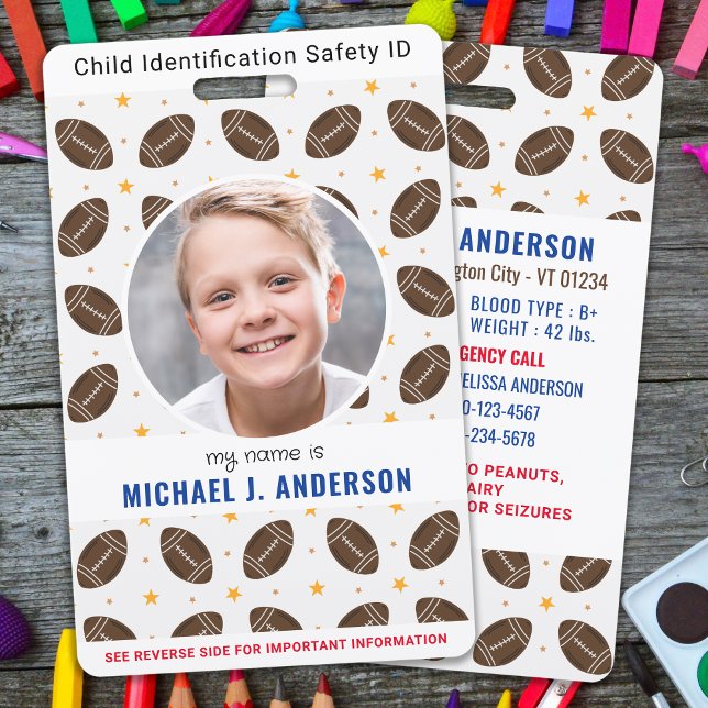 Fun Football Sports Custom Modern Photo Child ID Badge (Creator Uploaded)
