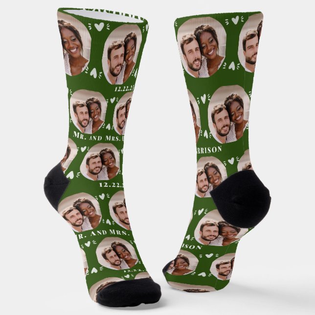 Fun Forest Green Newlyweds Photo Pattern Socks (Angled)