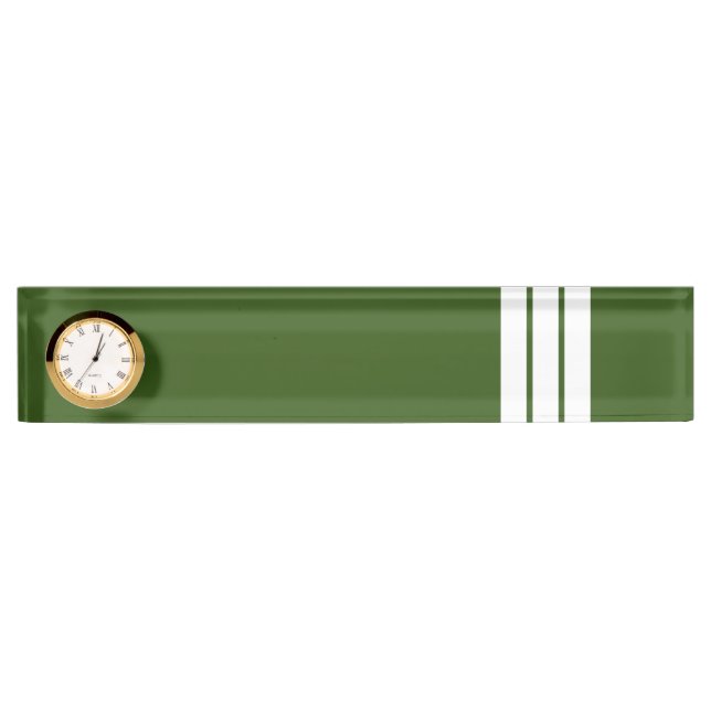 Fun Forest Green Triple White Racing Stripes Clock Nameplate (Front)