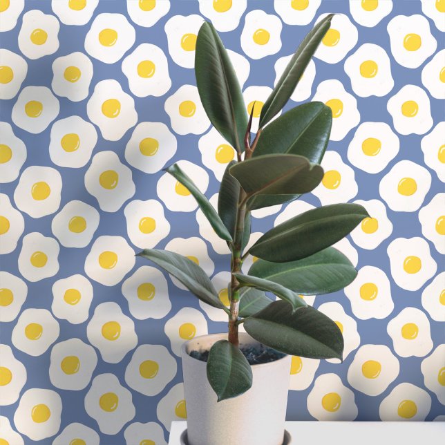 Fun Fried Eggs Blue Pattern Wallpaper (Fun fried egg food art peel and stick wallpaper for kitchen, diner, cafe or restaurant)