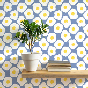 Fun Fried Eggs Blue Pattern Wallpaper