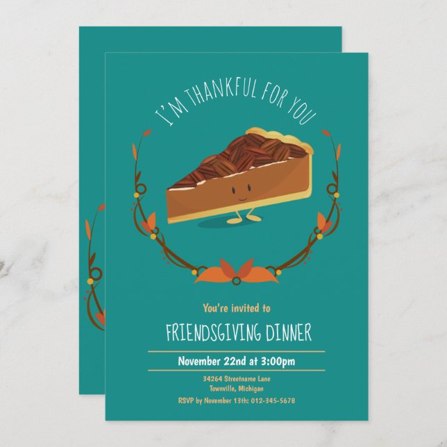 Fun Friendsgiving Pecan Pie Teal Holiday Invitation (Front/Back)
