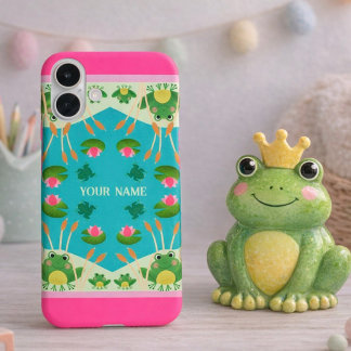 Fun Frog Pattern Pink Green Custom Name iPhone 16 Plus Case