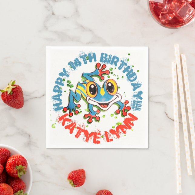 Fun Frog Personalised Party Colourful Paint Splash Napkin (Insitu)