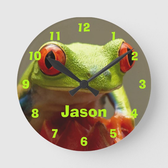 Fun Frog with Red Eyes Personalized Name Round Clock (Front)