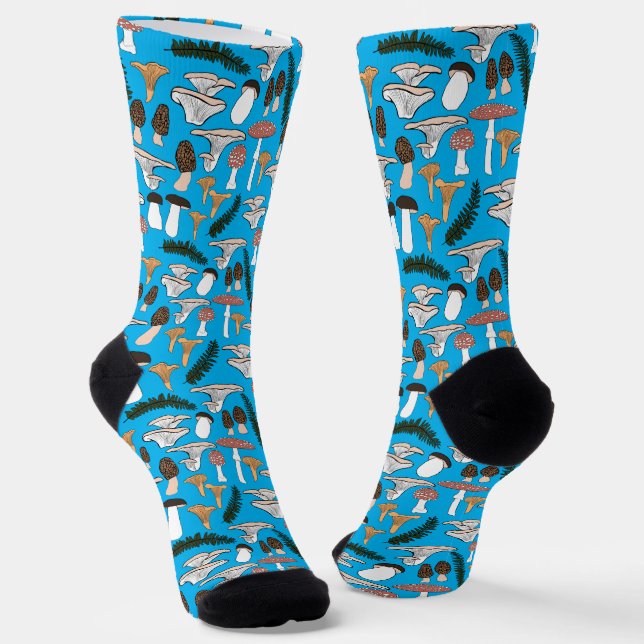 Fun Fungi Mushroom Fern Pattern Foraging Blue Socks (Angled)