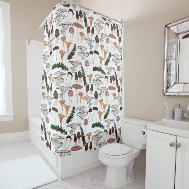 Fun Fungi Mushroom Fern Pattern   Shower Curtain (In Situ)