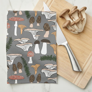 Fun Fungi Mushroom Fern Pattern Tea Towel