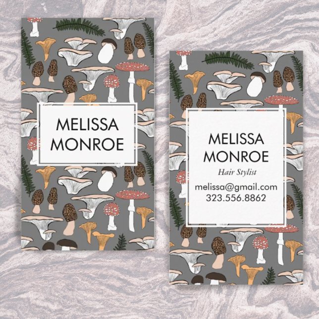 Fun Fungi Mushrooms Ferns Pattern illustrated  Business Card (Creator Uploaded)