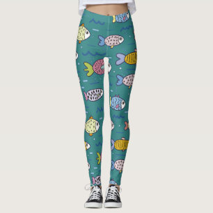 Fun Funky Fish Swimming in Teal Water Whimsical Leggings