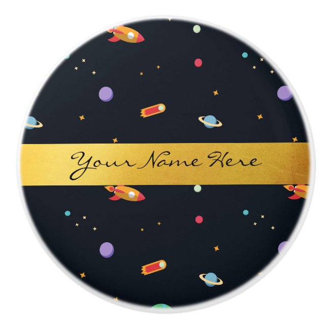 Fun Funky Retro Outer Space Rocket & Planets Ceramic Knob (Front)
