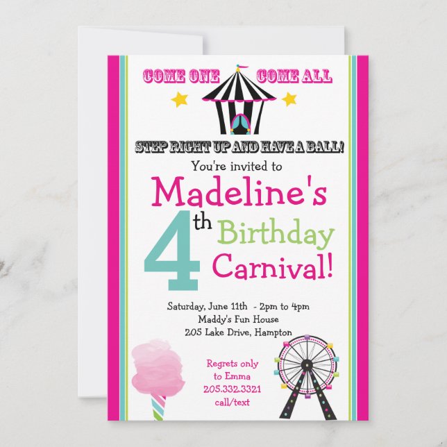 Fun & Games Girl's Carnival Party Invitation (Front)