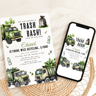 Fun Garbage Trucks Recycle 4th Birthday Party Invitation