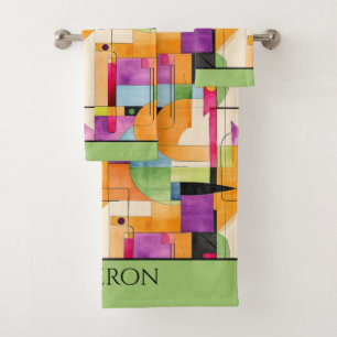 Fun Geometric Abstract in Orange, Green & Purple Bath Towel Set