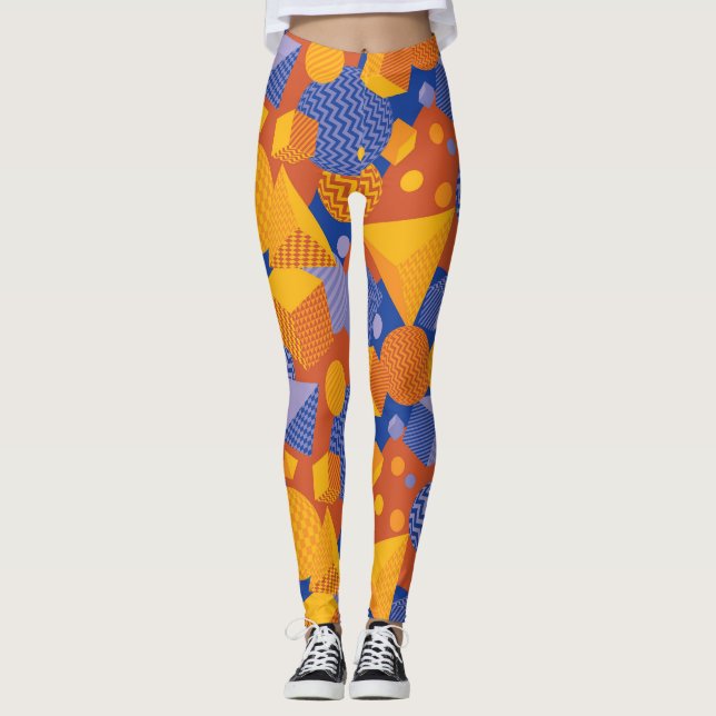 Fun Geometric Orange Violet Pattern Leggings (Front)