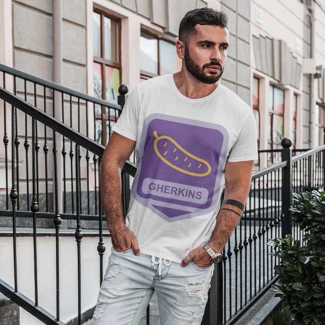 Fun Gherkin Pickle Icon Purple and Yellow T-Shirt (Creator Uploaded)