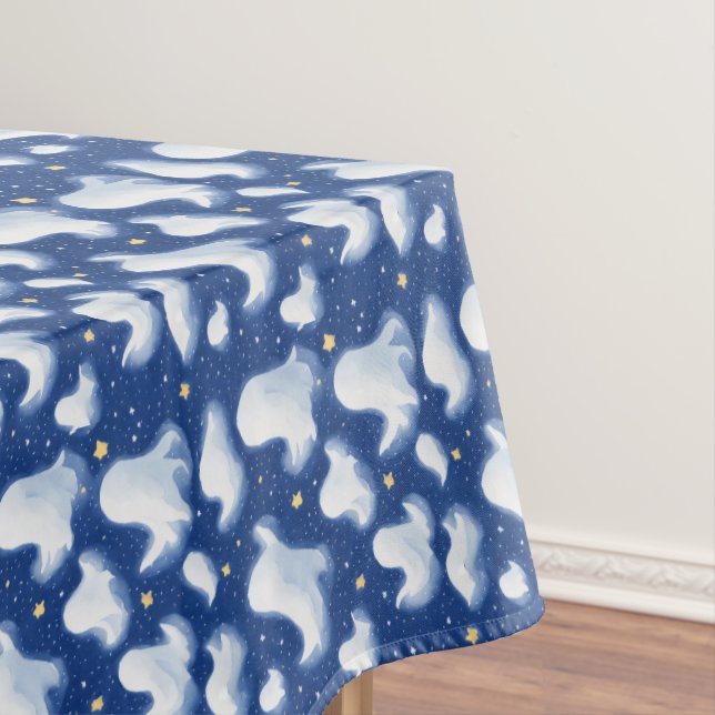 Fun Ghost Blue Sky Halloween Night Star Watercolor Tablecloth (In Situ)
